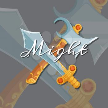Vector fantasy cartoon style game design medieval crossed axe and sword elements with lettering and shadows illustration
