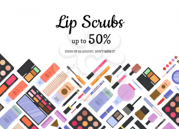 Vector flat style different makeup and skincare sale background. Cosmetic beauty makeup, female lips scrub illustration