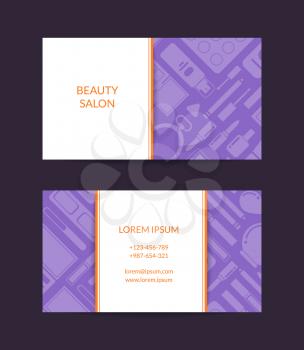 Vector business card template for beauty brand or makeup artist with flat style makeup and skincare background with rectangles, stripes and shadows illustration