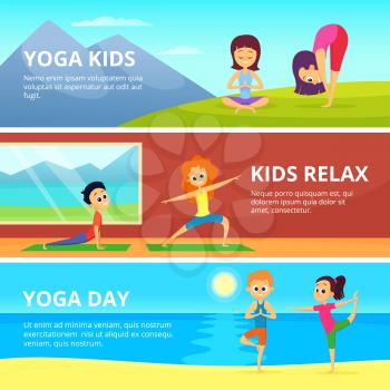 Outdoor pictures of kids making different yoga exercises. Vector banners with place for your text. Yoga exercise for kids girl and boy illustration