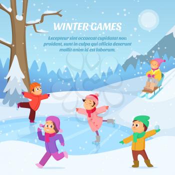 Kids playing in winter games on playground. Outdoors cartoon illustration. Game on winter playground, girl boy outdoor play snow vector