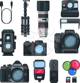 Digital photo and video cameras in cartoon style. Professional equipment. Photo and video professional camera, vector illustration