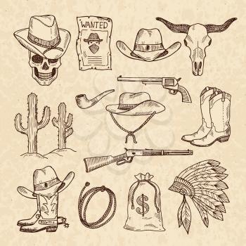Western symbols. Cowboy, guns, saloon and other wild west pictures set. Vector hand drawn pictures. Wild west concept, gun revolver and skull, cactus and sack of money illustration