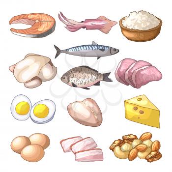 Useful products. Illustrations in cartoon style. Vector collection set. Food healthy product, nature useful seafood and cheese