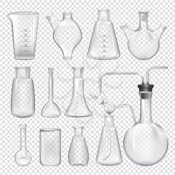 Equipment for chemical laboratory. Different vials and jars. Vector realistic illustrations. Chemical glass laboratory for science experiment