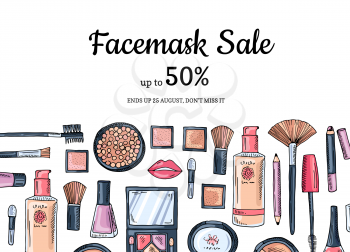 Vector hand drawn makeup products sale background illustration cartoon flat