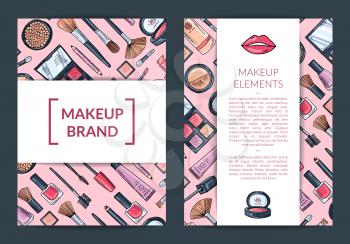 Vector card, flyer, brochure template for beauty brand, presentation with hand drawn makeup background and wide white ribbons with shadows illustration