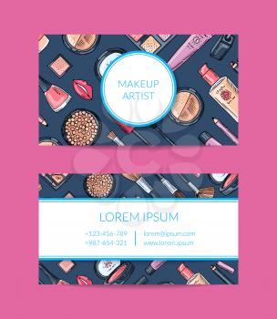Vector business card template for beauty brand or makeup artist with hand drawn makeup background, framed circle and rectangle with shadows illustration