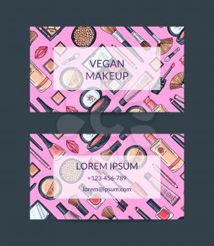 Vector business card template for beauty brand or makeup artist with hand drawn makeup background with transparent rectangles illustration
