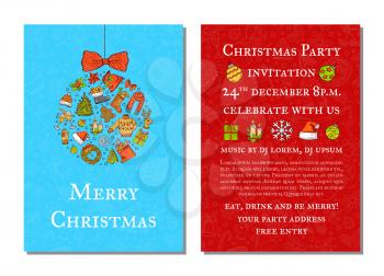 Vector hand drawn colored christmas elements with santa, tree, gifts and bells party invitation template with xmas tree toy and place for text illustration