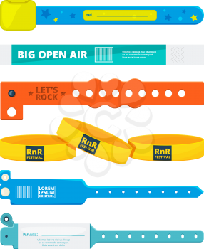 Entrance bracelets for public concerts or hotel, stadium, private zone. Vector design templates. Entrance plastic bracelet for access to entertainment illustration