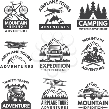 Labels set for travelers club. Vector monochrome pictures. Adventure travel and tour airplane, expedition and journey illustration