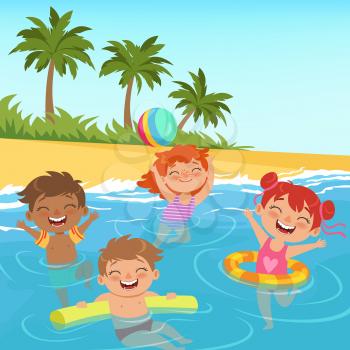 Background illustrations of happy kids in pool. Child summer beach, coast sand with green palm vectorion,