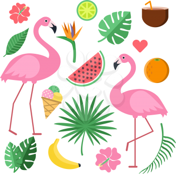 Illustrations with summer symbols. Tropical fruits and flowers. Vector orange and ice cream, flamingo bird and plant palm leaf