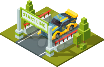 Start race cars. Isometric sport pictures in cartoon style. Car isometric race, sport competition speed start track illustration