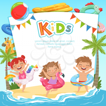 Background template with pictures of happy kids and various equipment for water park. Happy child holiday and recreation, water park summer. Vector illustration