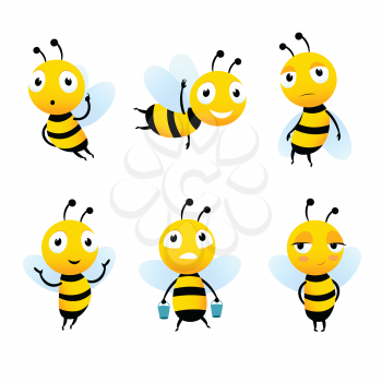 Various cartoon characters of bees with honey. Bee cartoon insect, character happy fly illustration