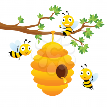 Bee characters. Vector mascot design isolated. Illustration of hive bee hanging on branch tree, honey sweet