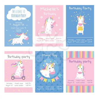 Cards invitations. Design template cards with pictures of cute unicorns. Animal character, fairytale horse, fantasy creature in poster for birthday. Vector illustration