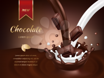 Chocolate advertisement poster. Realistic chocolate and milk vector illustration. Sweet dessert food product, advertising melt and yummy confectionery