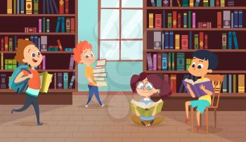 Background with school characters. Vector pictures of pupils. Illustration of library with bookshelf, bookstore university
