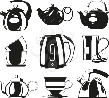 Black kettles. Vector silhouettes of various teapots. Illustration of drink tea, morning teatime, teacup dishware
