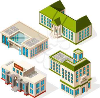 School buildings. Isometric 3d pictures of school or institute buildings. Vector building isometric, school architecture, university college house illustration