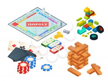 Board games and tools. Various tools for board games. Dices, pawns and others. Block pyramid wooden, constructor and chip. Vector illustration