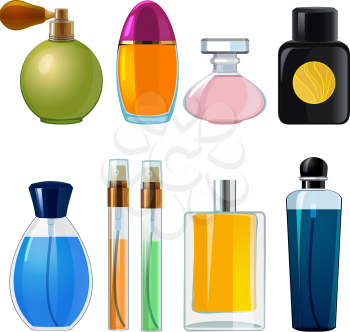 Perfumes bottles. Various flasks and glass bottles for women perfume. Cosmetic bottle container, perfume sprayer illustration