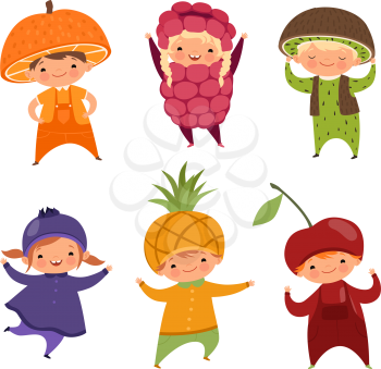 Children in fruit costumes. Vector pictures of various funny clothes for kids. Costume child fruit, raspberry and pineapple, cherry and currant illustration