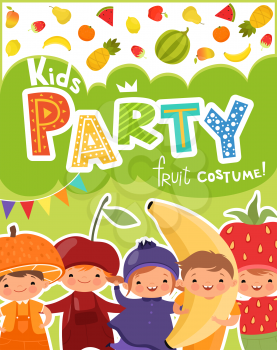 Kids party invitation. Vector design template of invitation with illustrations of funny kids in fruit costumes. Child boy and girl costume orange and cherry