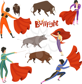 Bullfighting corrida. Vector illustration of matador and bull in various dynamic poses. Bullfight and bullfighting, toreador and bull, corrida performance