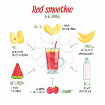 Cocktail infographics. Various fresh fruits smoothie ingredients. Dink fruit shake, fresh beverage illustration vector