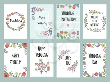 Botanic cards with plants. Vector design template of different cards with flowers. Floral flower, greeting card with blossom botanical illustration