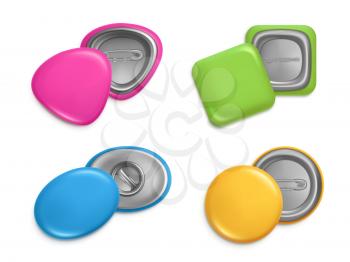 Various shapes of badges. Realistic illustrations badges of different shapes. Button badge round, label emblem pin vector