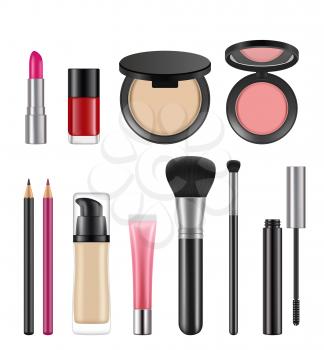 Cosmetics for women. Vector pictures of various cosmetics packages. Illustration of make up, foundation cream and brush for cosmetic product