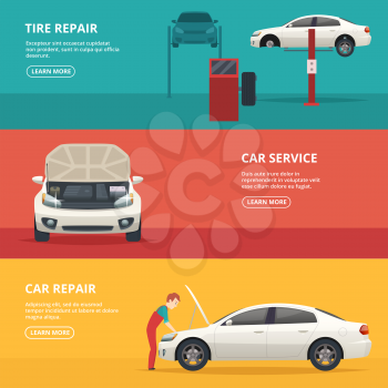 Car repair banners. Workers at automobile workshop service maintenance car with mechanic tools. Vector flat pictures place for text. Illustration of auto workshop service, repair automobile