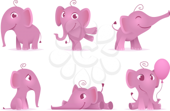 Cute baby elephants. Wild african funny adorable animals vector characters in different action poses. Illustration of pink elephant animal baby