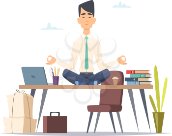 Businessman yoga meditation. Office relax in stressed work busy man sitting in lotus yoga practice at workspace vector concept. Illustration of businessman yoga meditation, calm and meditating