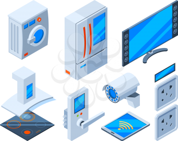 Smart internet objects. Household appliances speakers clocks microwave control future technologies web objects vector isometric. Illustration of automatic electronic, security and smart innovation