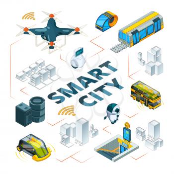 Smart city 3d. Urban future technologies smart buildings and safety vehicle drones cars delivery transport vector isometric pictures. Illustration of smart city, future cityscape infrastructure