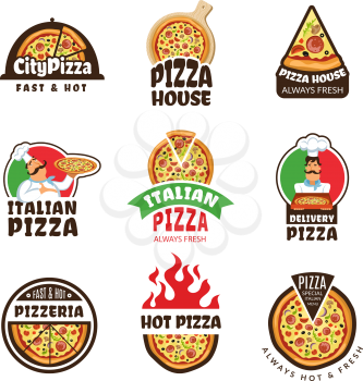 Pizzeria logo. Italian pizza ingredients restaurant cook trattoria lunch colored vector labels or badges. Italian food logo for restaurant pizzeria illustration