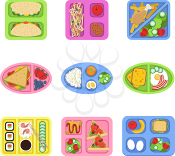 Lunch box. School fresh healthy food in plastic containers with vegetables, meal and sliced products for breakfast. Vector pictures container with breakfast, fresh healthy lunch illustration