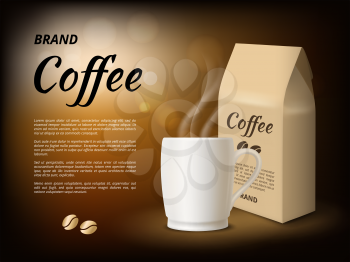 Coffee advertising. Poster design template with illustrations of coffee mug. Vector coffee cup, hot beverage product