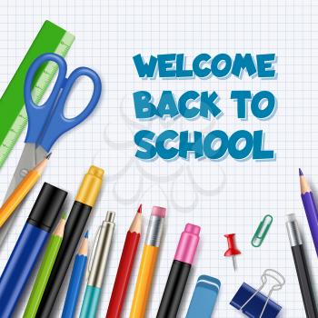 Back to school background. Pen with pencils office supply tools collection stationary vector realistic picture children education theme. Illustration of back school banner with stationary ballpoint