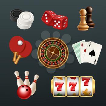 Game realistic icons. Poker dice bowling gambling domino web casino symbols vector illustrations isolated. Chess and tennis ping pong, luck chance and risk