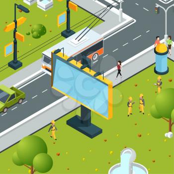 Urban billboards isometric. Town with blank places for advertizing on boards led panels light boxes vector street landscape. illustration of urban advertising board, street signpost display