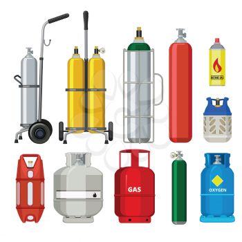Gas cylinders. Butane helium acetylene propane metal tank cylinder petroleum station tools vector illustrations. Tank butane and propane, gas cylinder