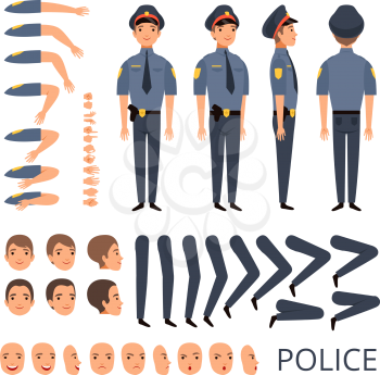 Policeman constructor. Security bodyguard profession character creation kit with shotgun various poses cap officer uniform. Construction part for animation and create illustration vector