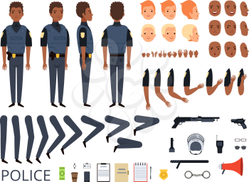 Police characters. Detail creation kit constructor bodyguard man cop poses and uniform professional clothes and tools vector cartoon. Police face and policeman body generator illustration